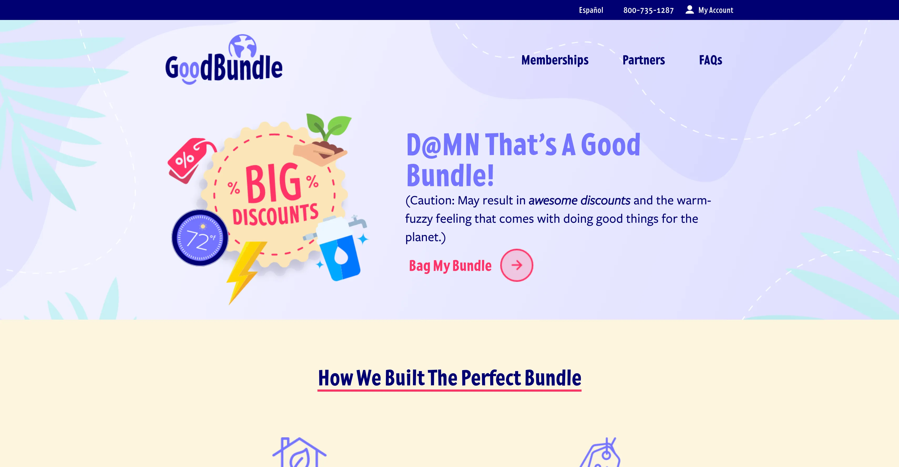 GoodBundle hero section with 'D@MN THAT'S A GOOD BUNDLE!' headline and BAG MY BUNDLE CTA